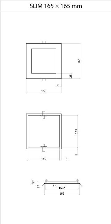 LED SLIM 165x165mm - 13W hranatý